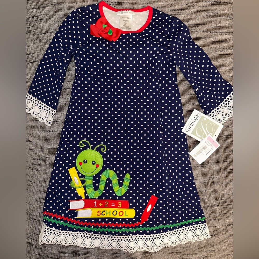 Bonnie Jean Navy Polka Dot Dress with Red Accents